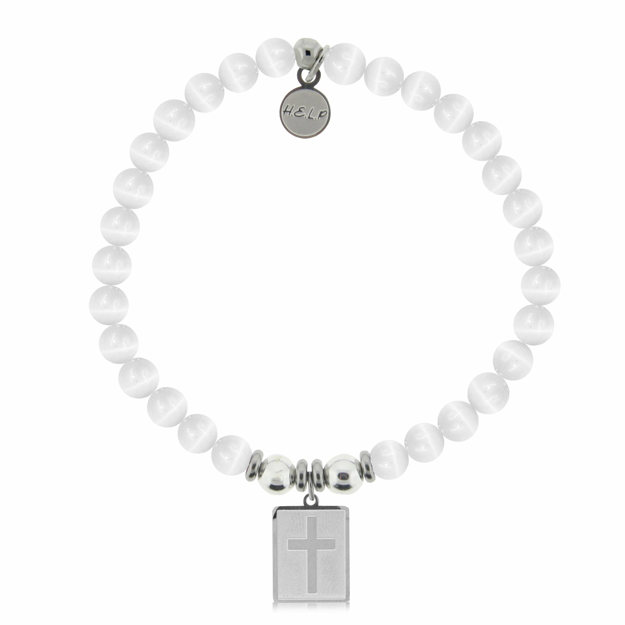 Cross Rectangle Charm with White Cat Eye Charity Bracelet