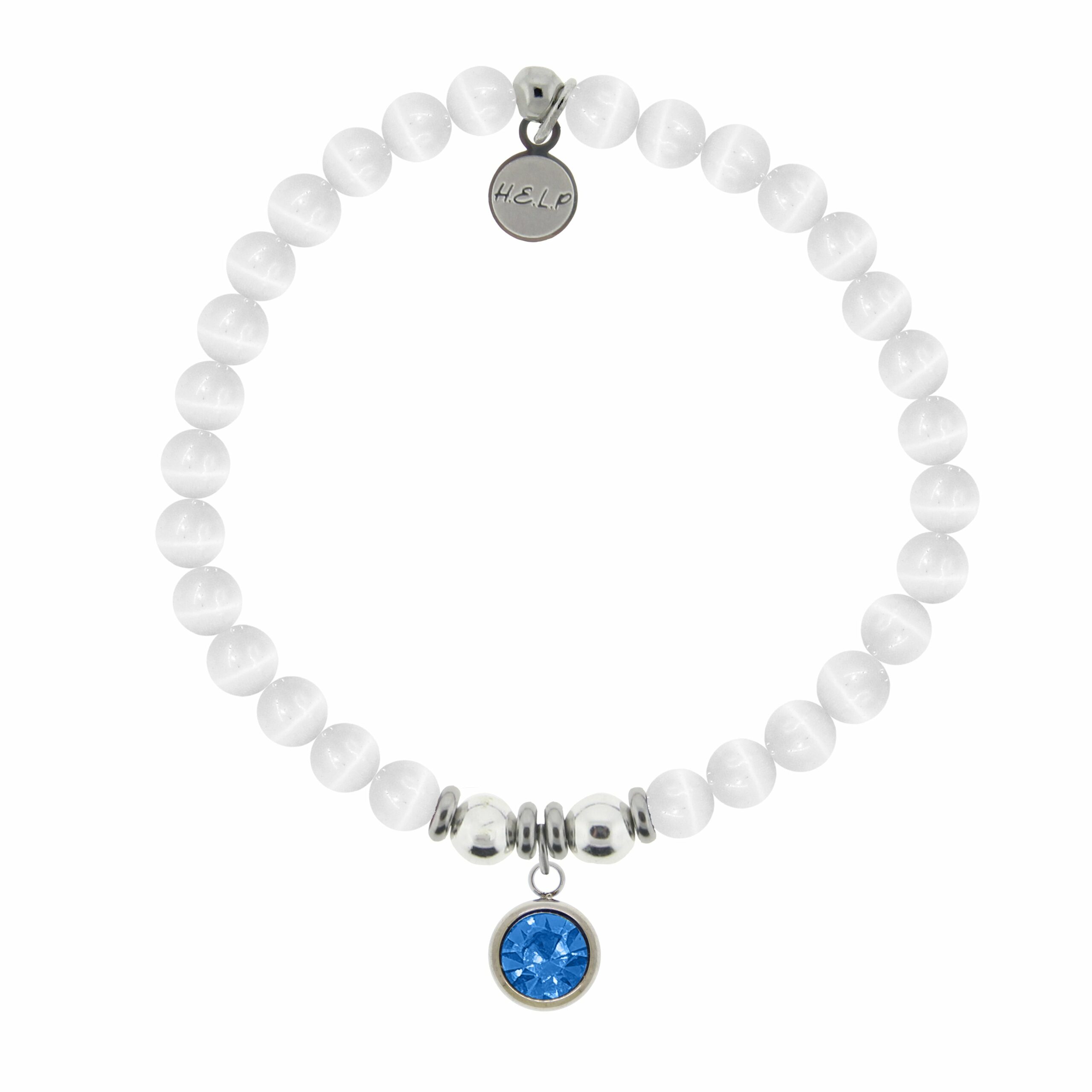 Birthstone Collection – December Blue Topaz Crystal Charm with White Cats Eye Charity Bracelet