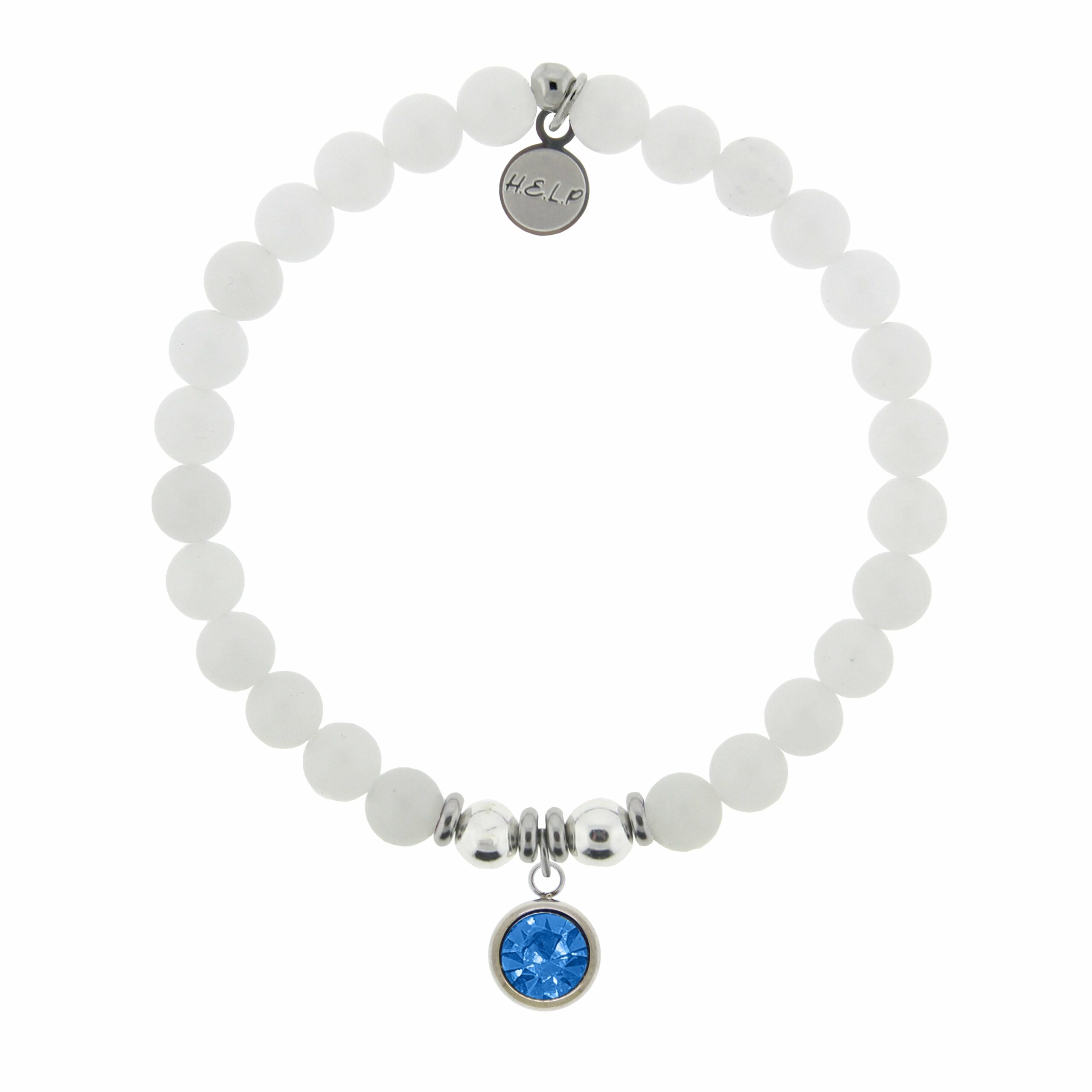 Birthstone Collection – December Blue Topaz Crystal Charm with White Jade Charity Bracelet