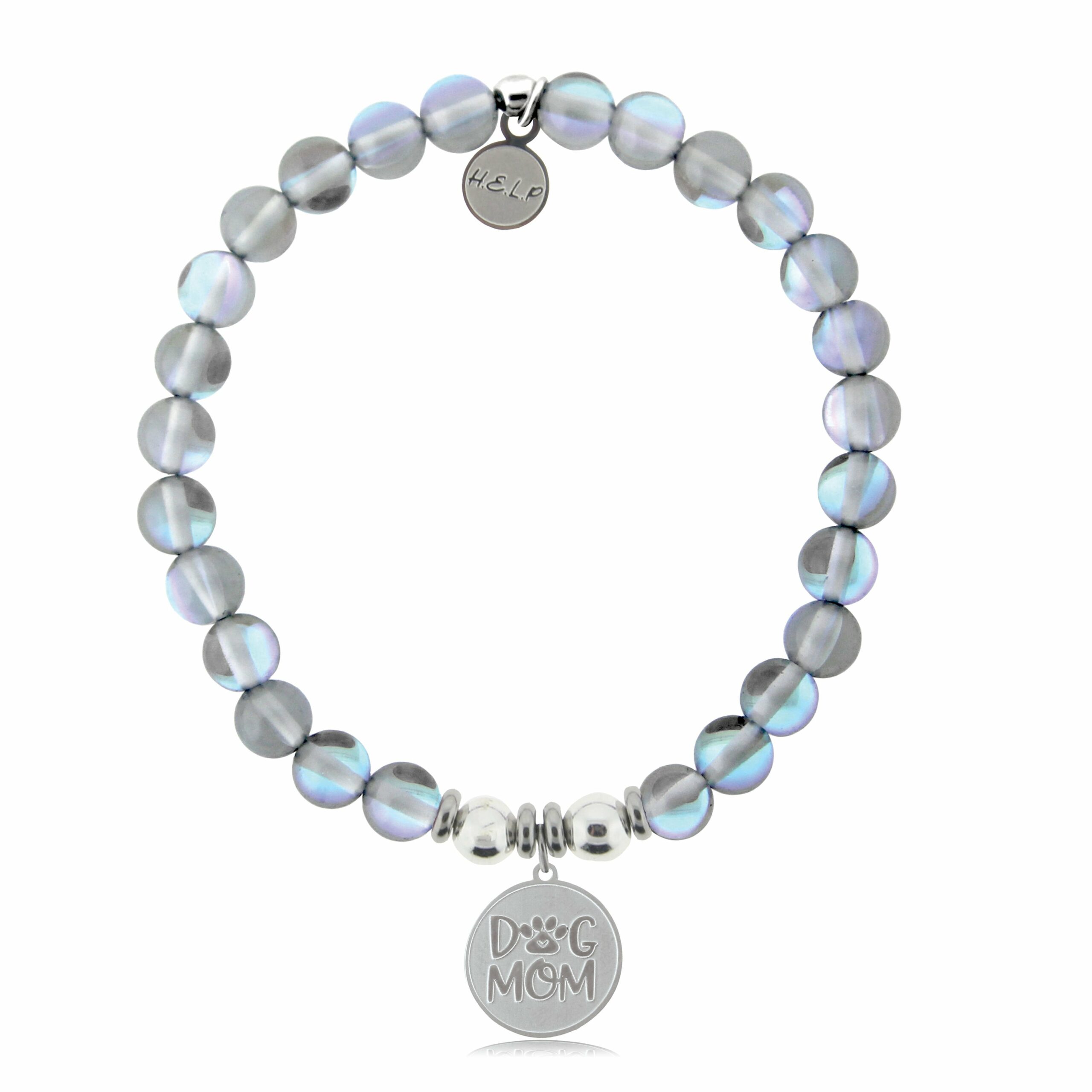 Dog Mom Charm with Grey Opalescent Beads Charity Bracelet