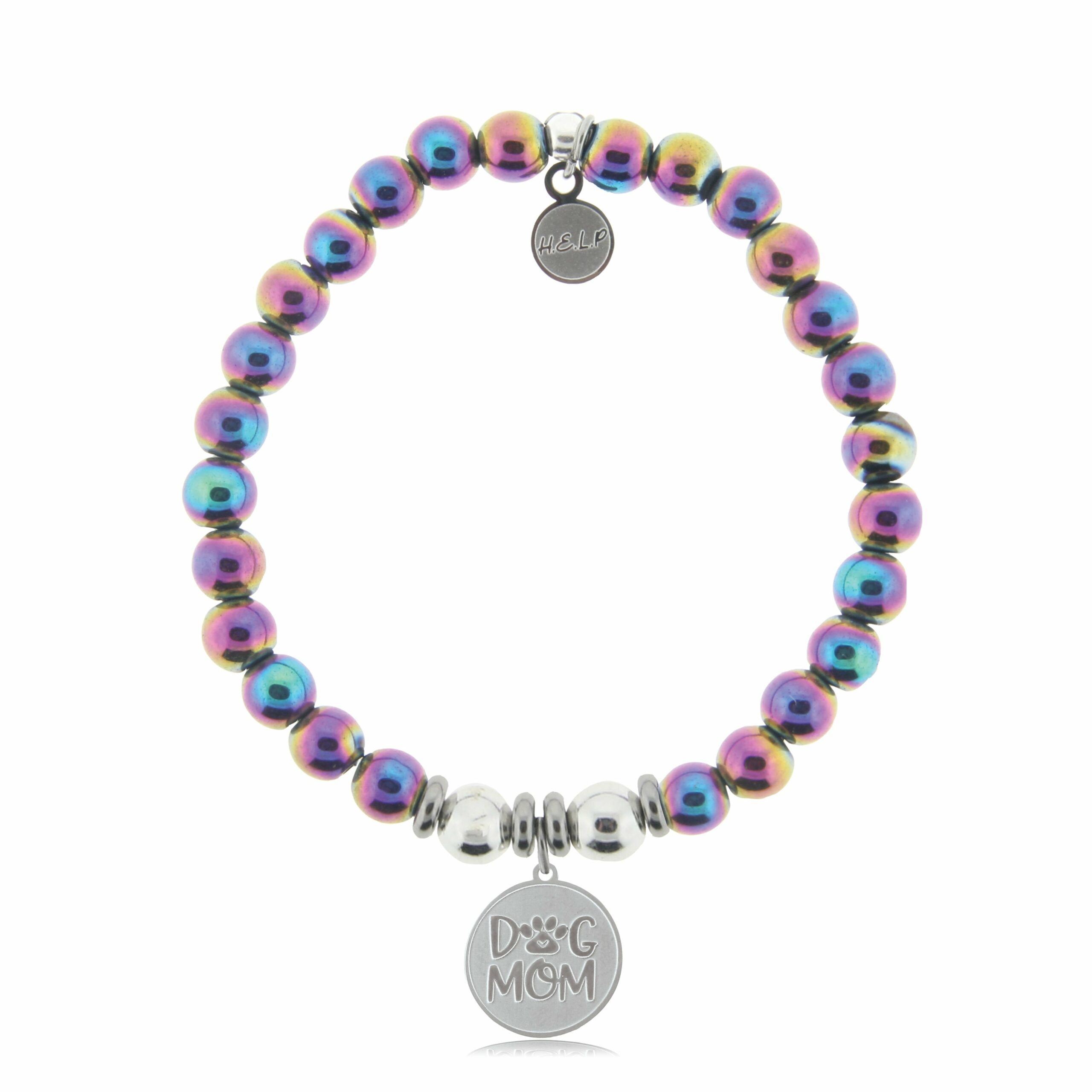 Dog Mom Charm with Rainbow Hematite Beads Charity Bracelet