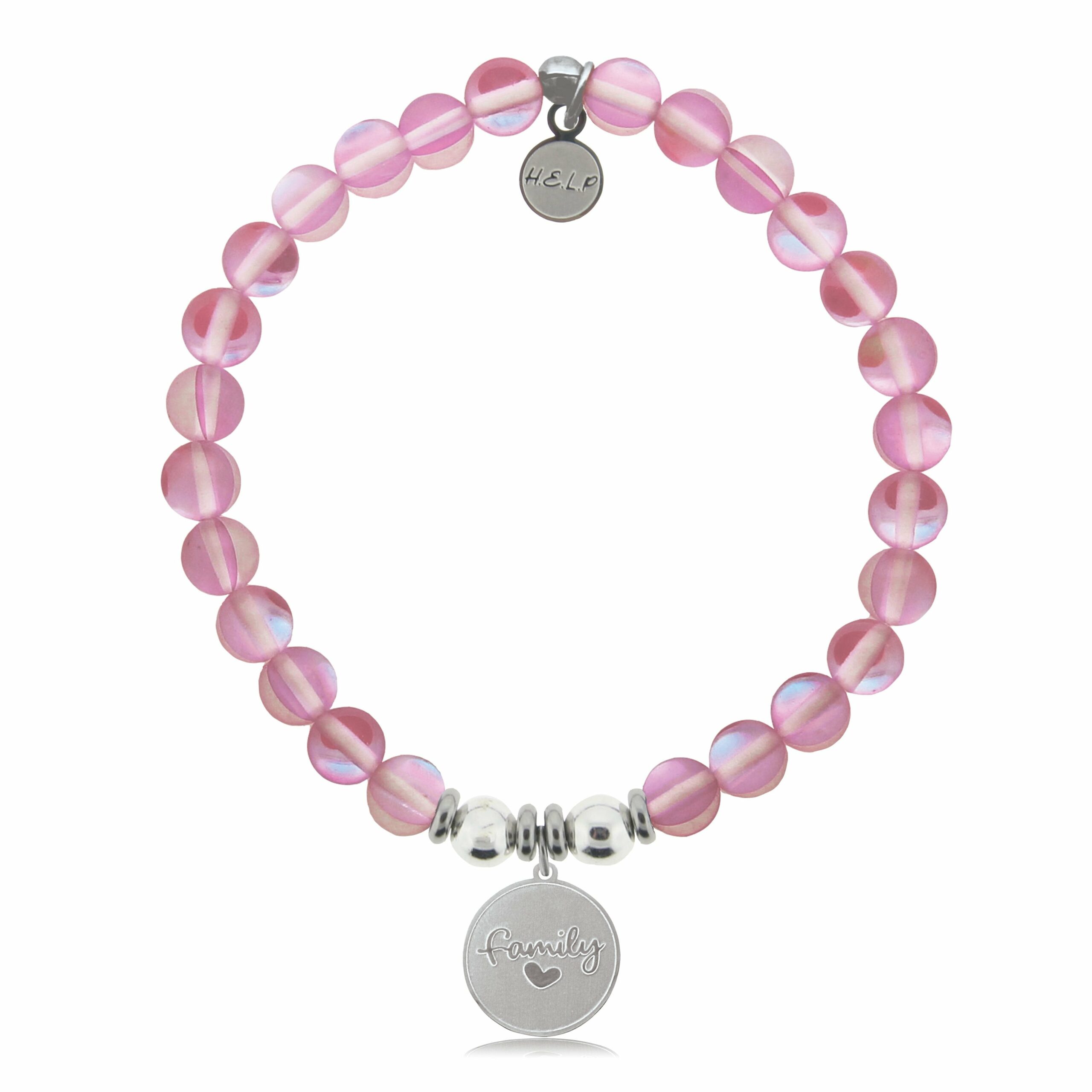 Family Charm with Pink Opalescent Beads Charity Bracelet