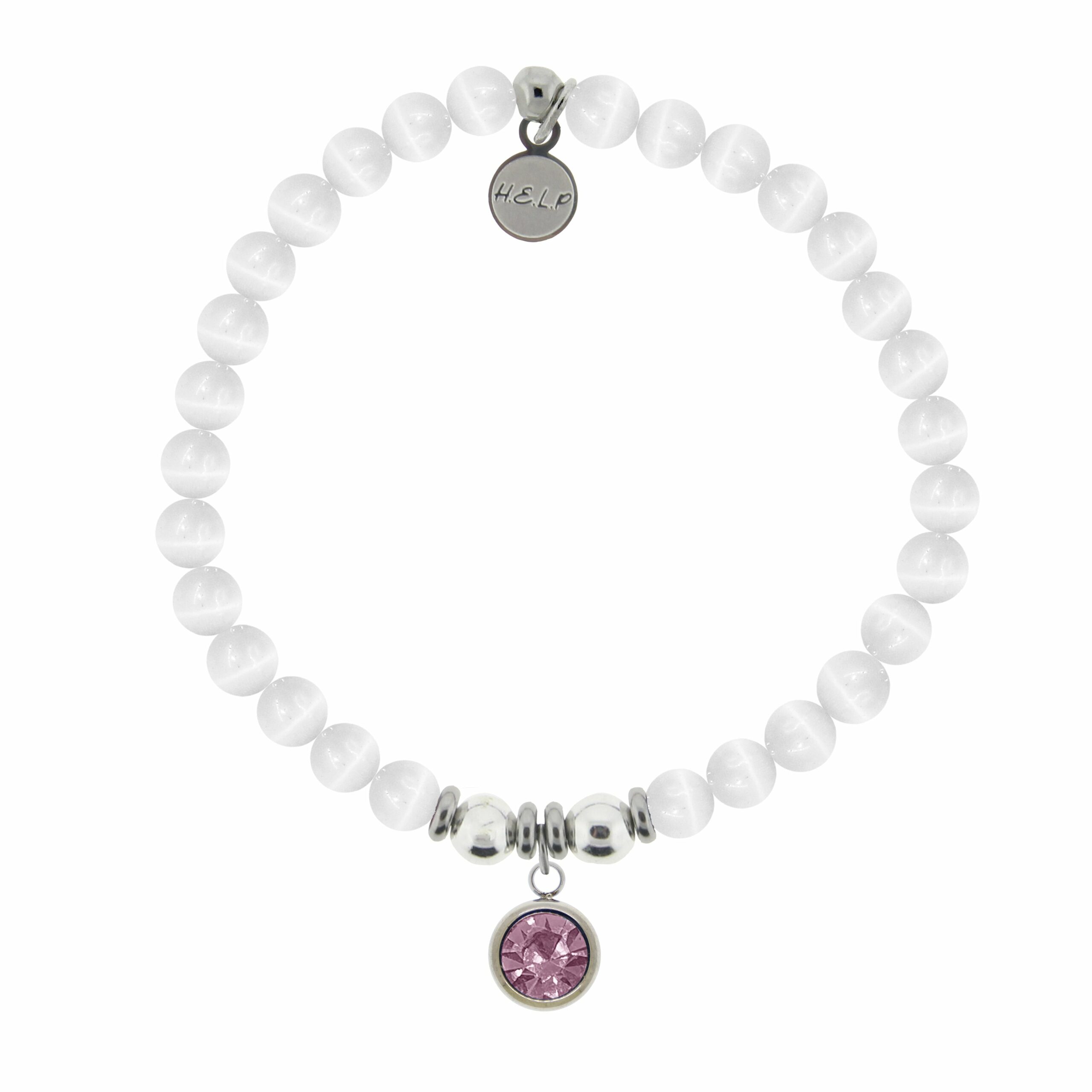 Birthstone Collection – February Amethyst Crystal Charm with White Cats Eye Charity Bracelet