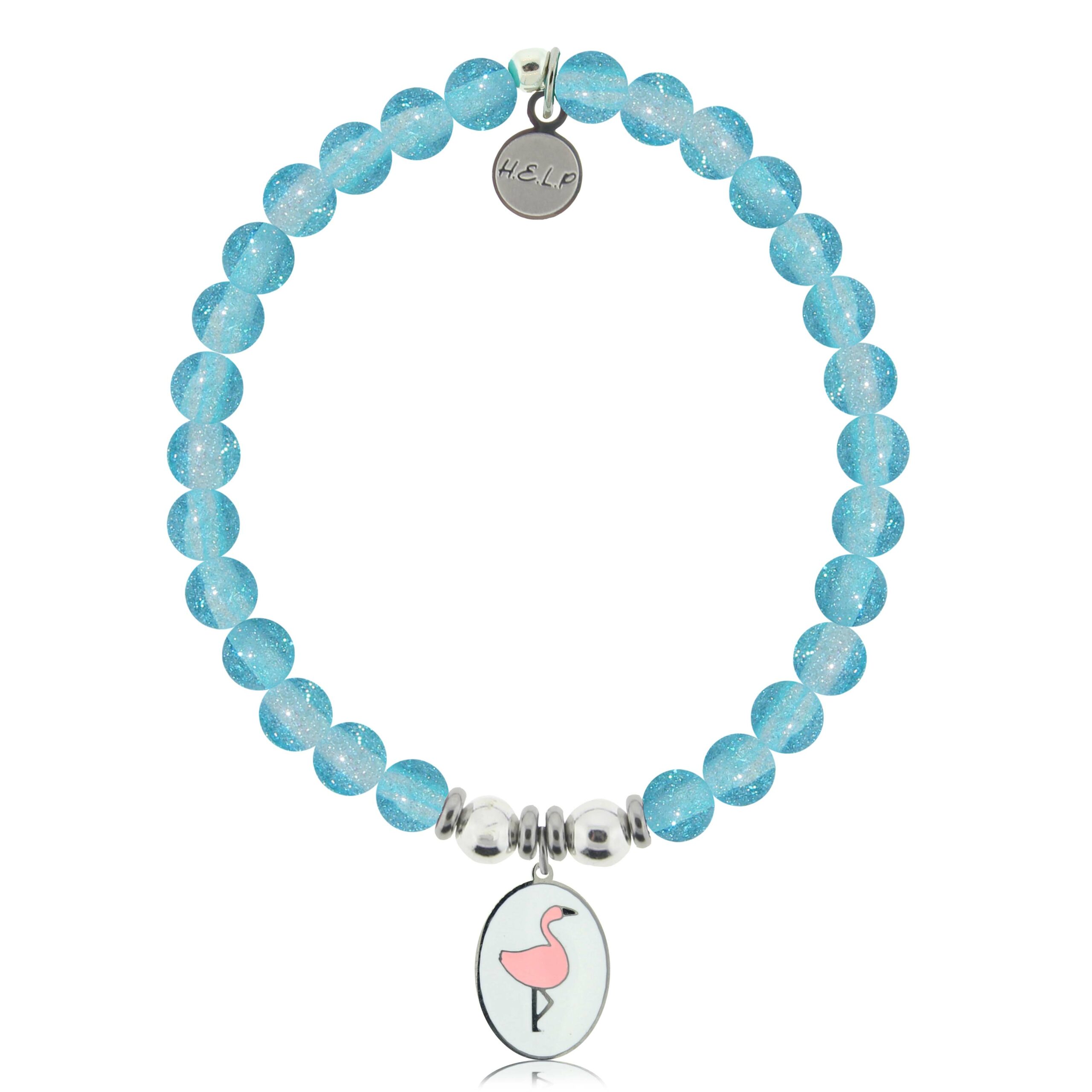 Flamingo Charm with Blue Glass Shimmer Charity Bracelet