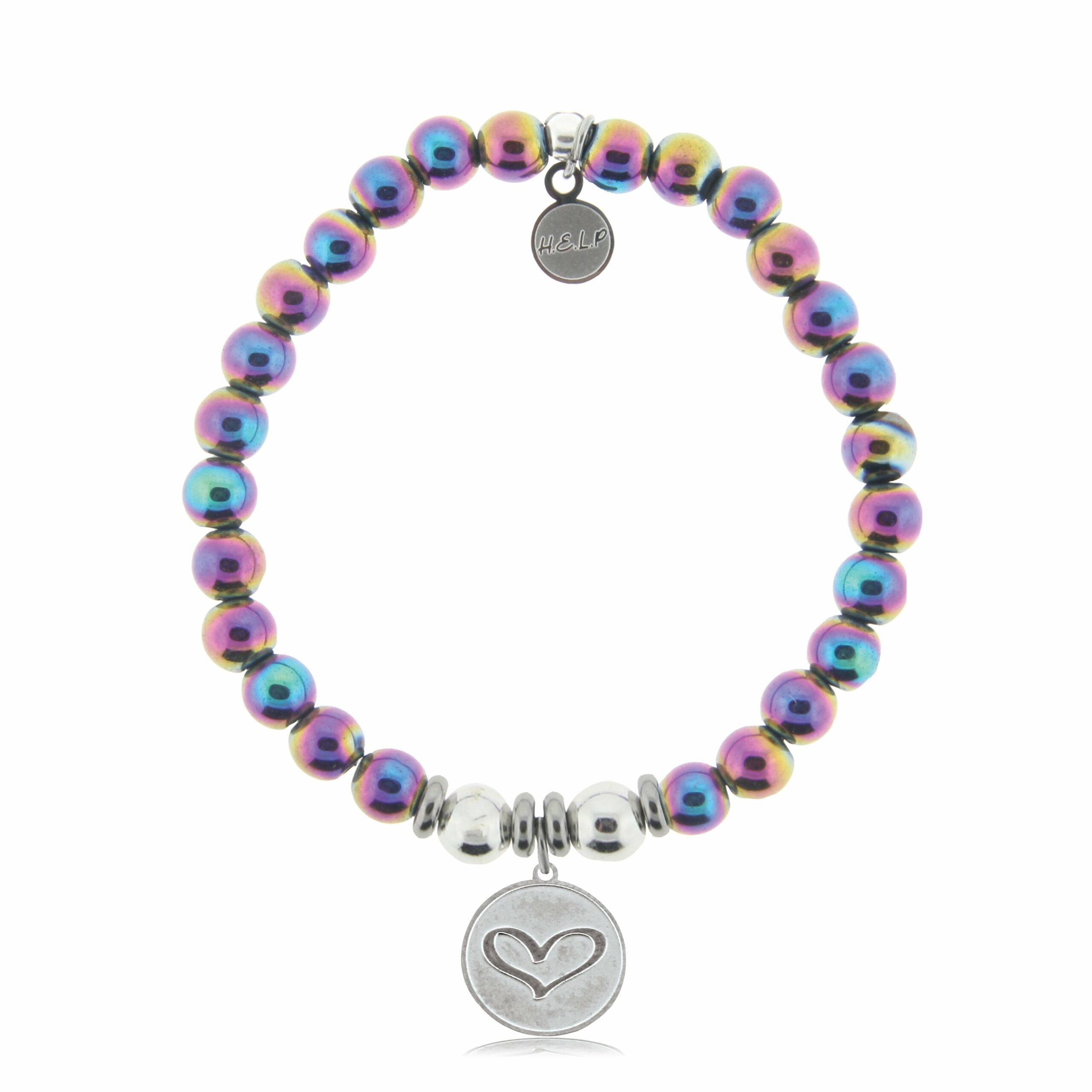 Heart Charm with Rainbow Hematite Beads Charity Bracelet