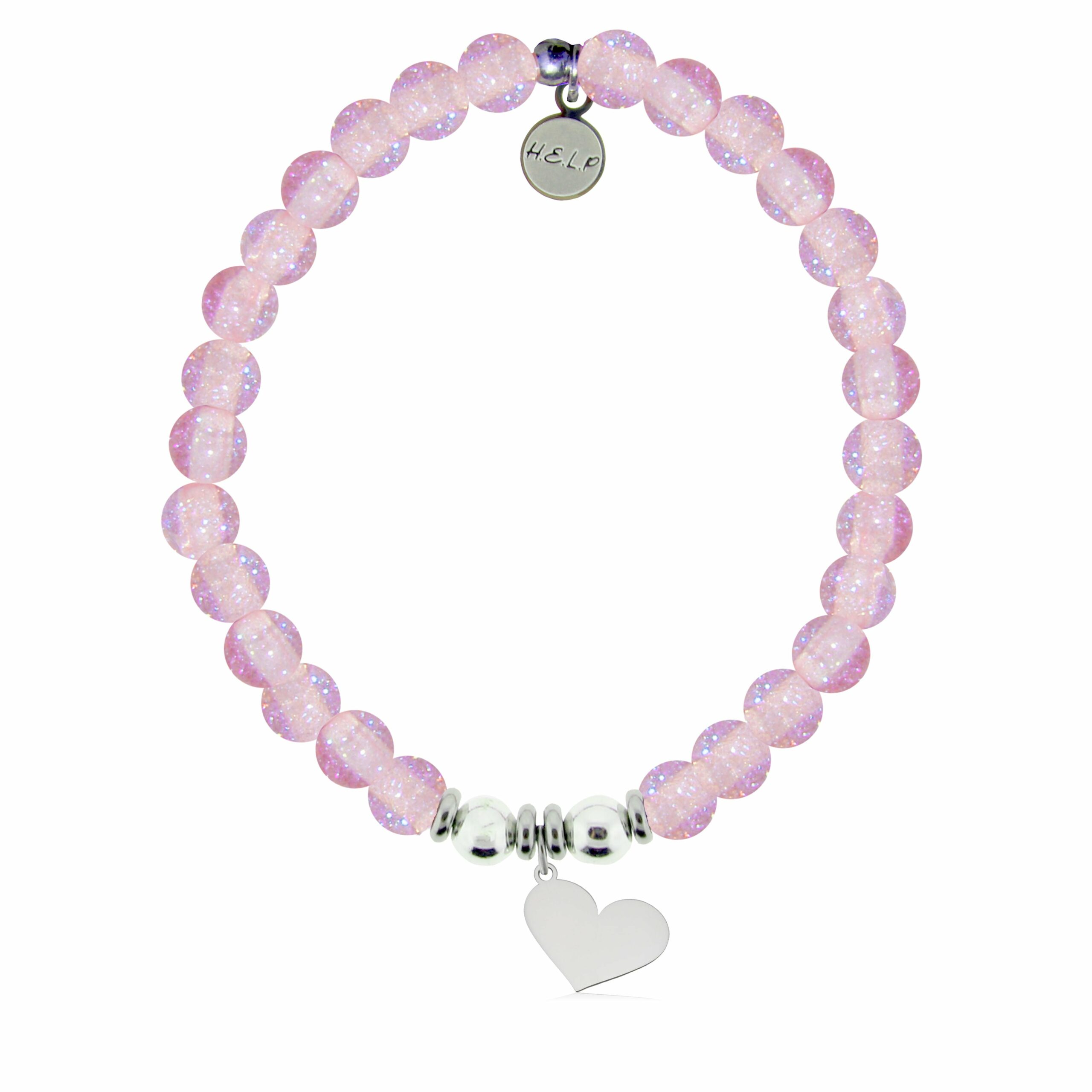 Heart Cutout Charm with Pink Glass Shimmer Charity Bracelet