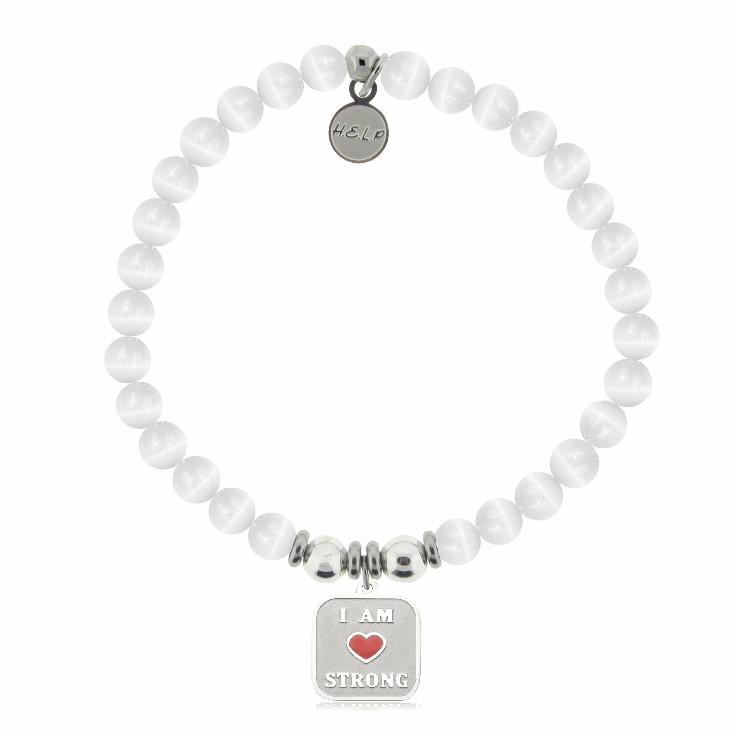 I am Strong Charm with White Cats Eye Charity Bracelet