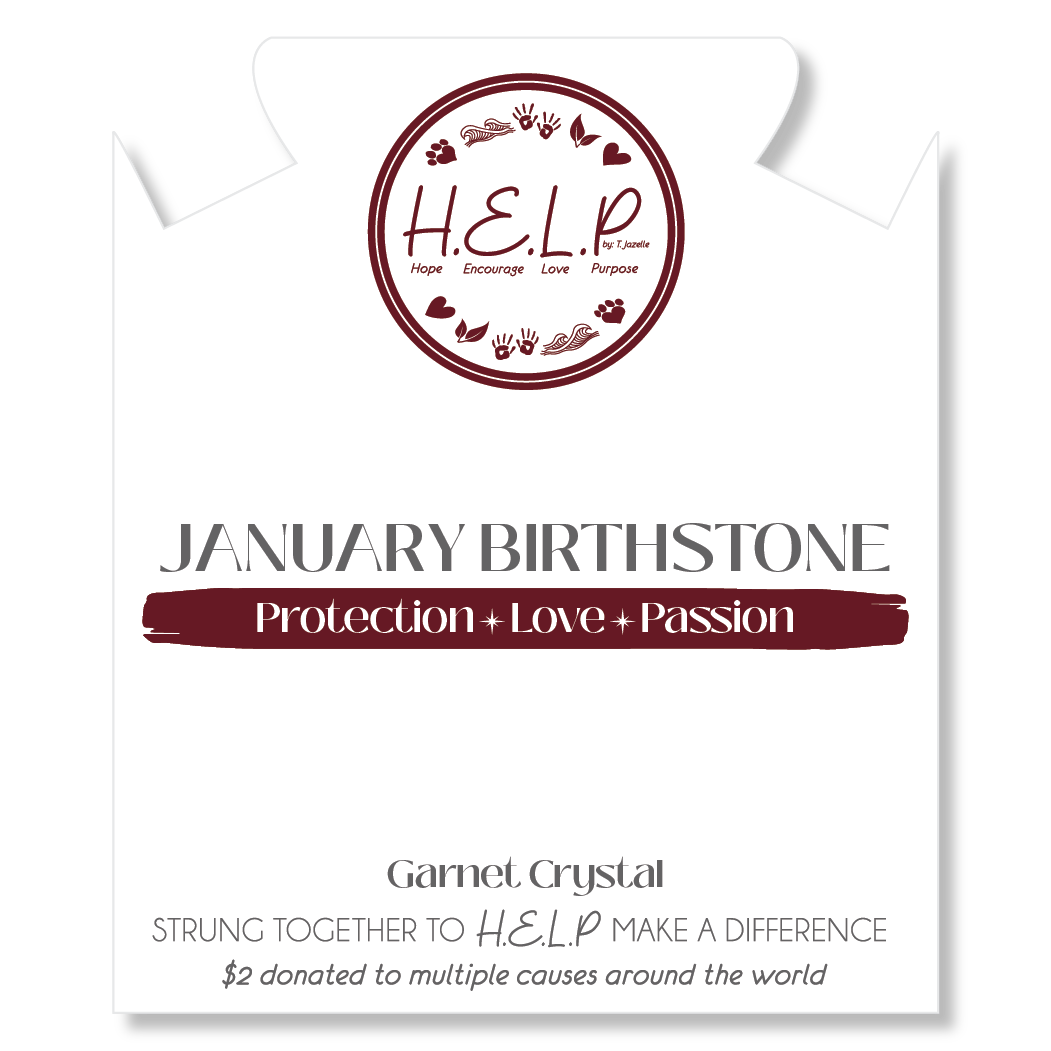 Birthstone Collection – January Garnet Crystal Charm with White Cats Eye Charity Bracelet