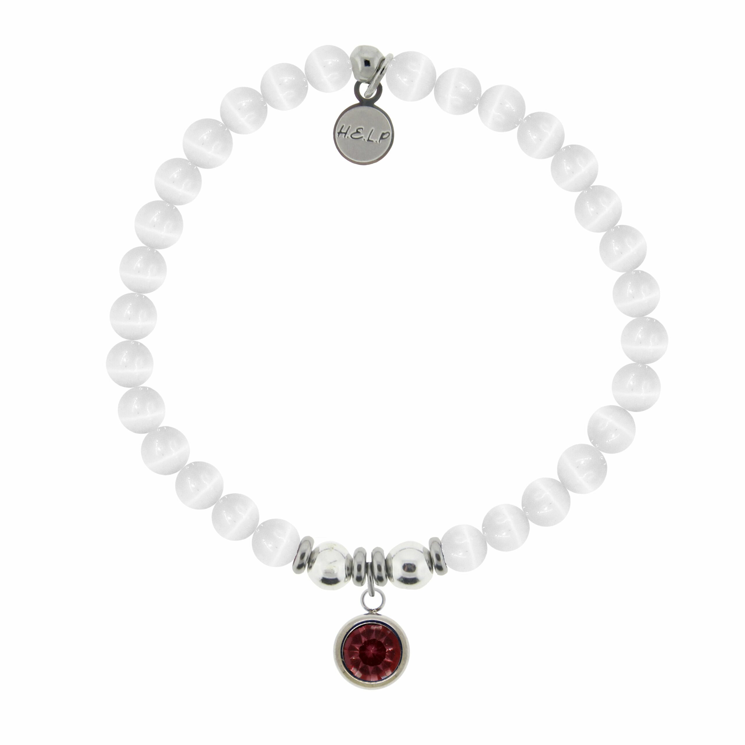 Birthstone Collection – January Garnet Crystal Charm with White Cats Eye Charity Bracelet