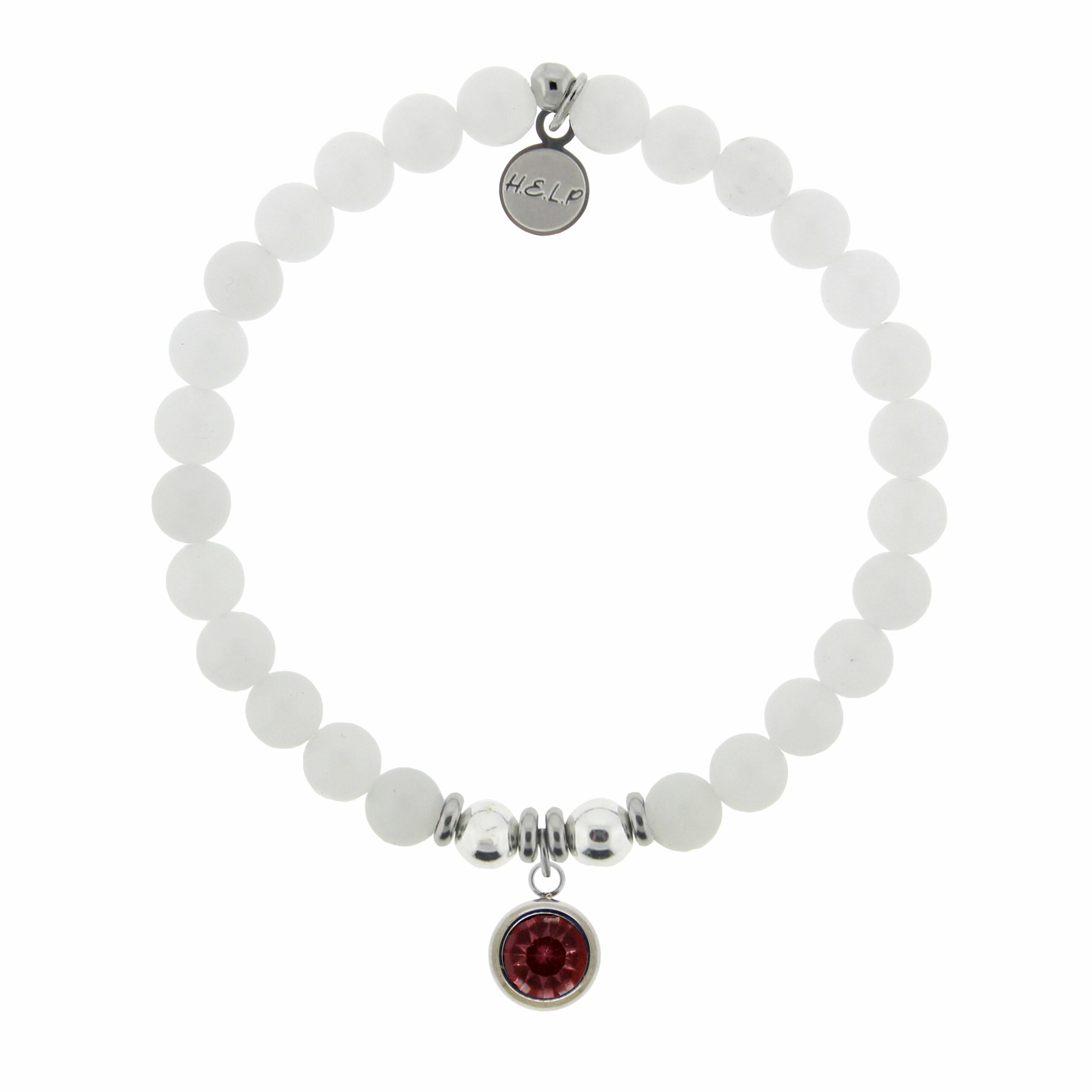 Birthstone Collection – January Garnet Crystal Charm with White Jade Charity Bracelet