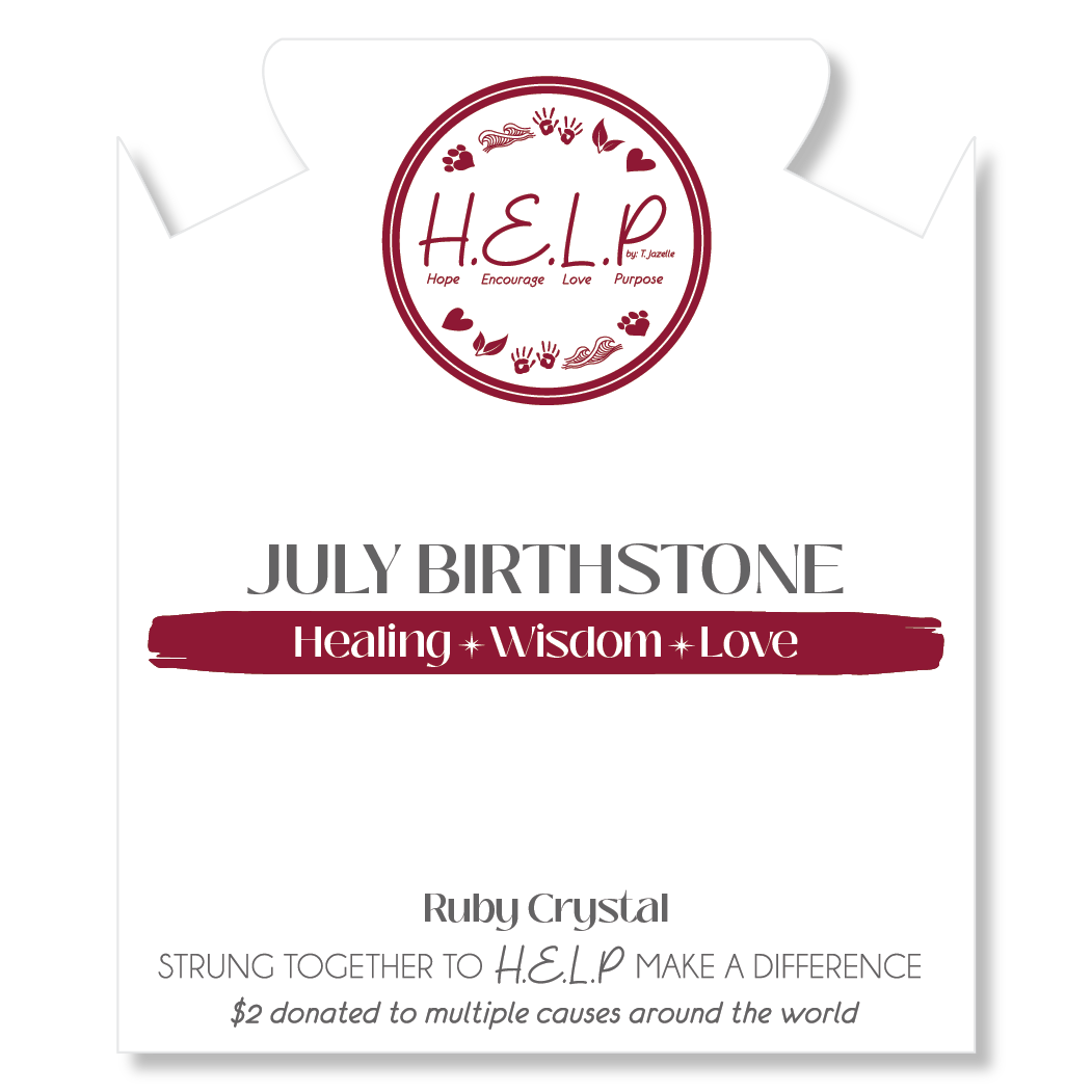 Birthstone Collection – July Ruby Crystal Charm with White Cats Eye Charity Bracelet