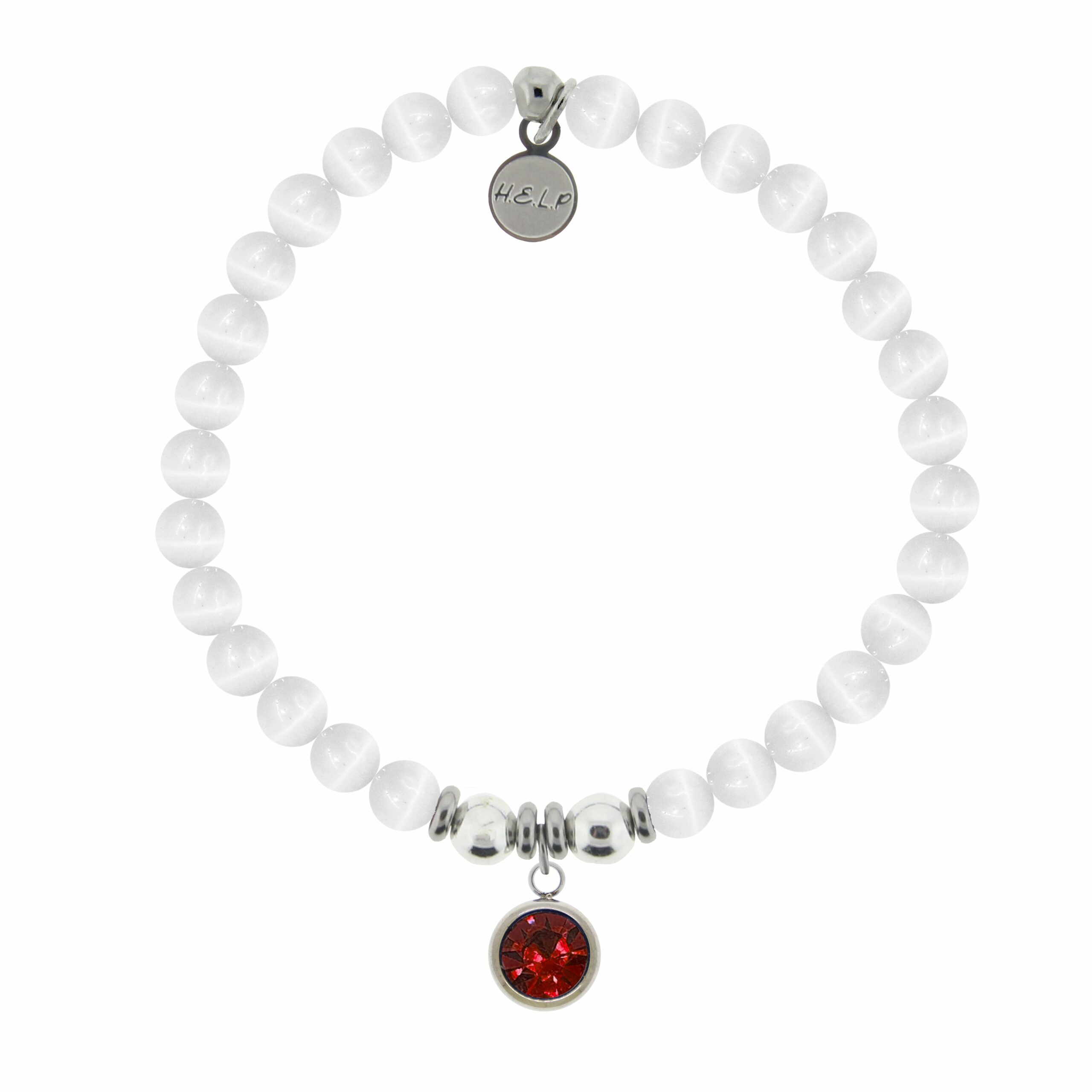 Birthstone Collection – July Ruby Crystal Charm with White Cats Eye Charity Bracelet