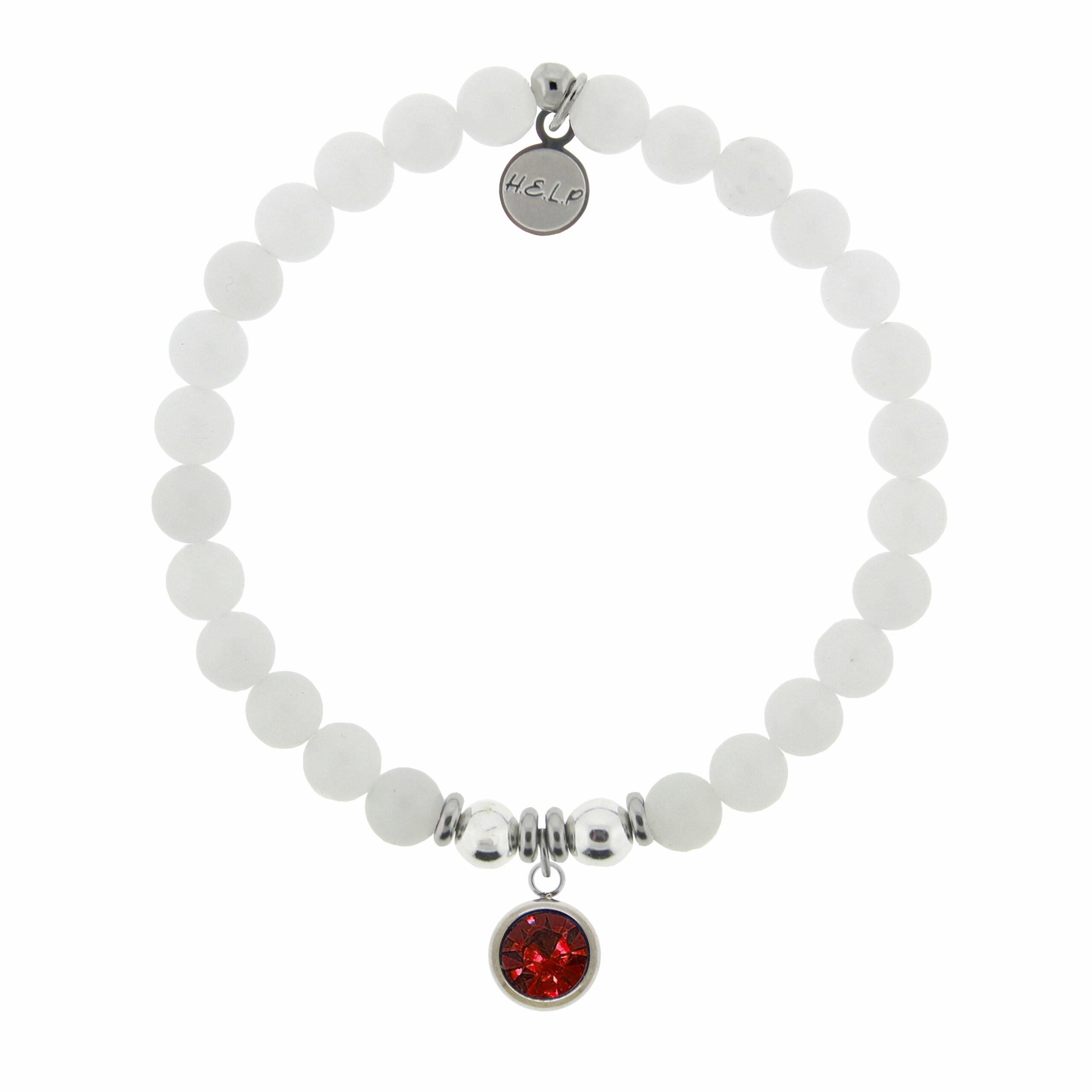 Birthstone Collection – July Ruby Crystal Charm with White Jade Charity Bracelet