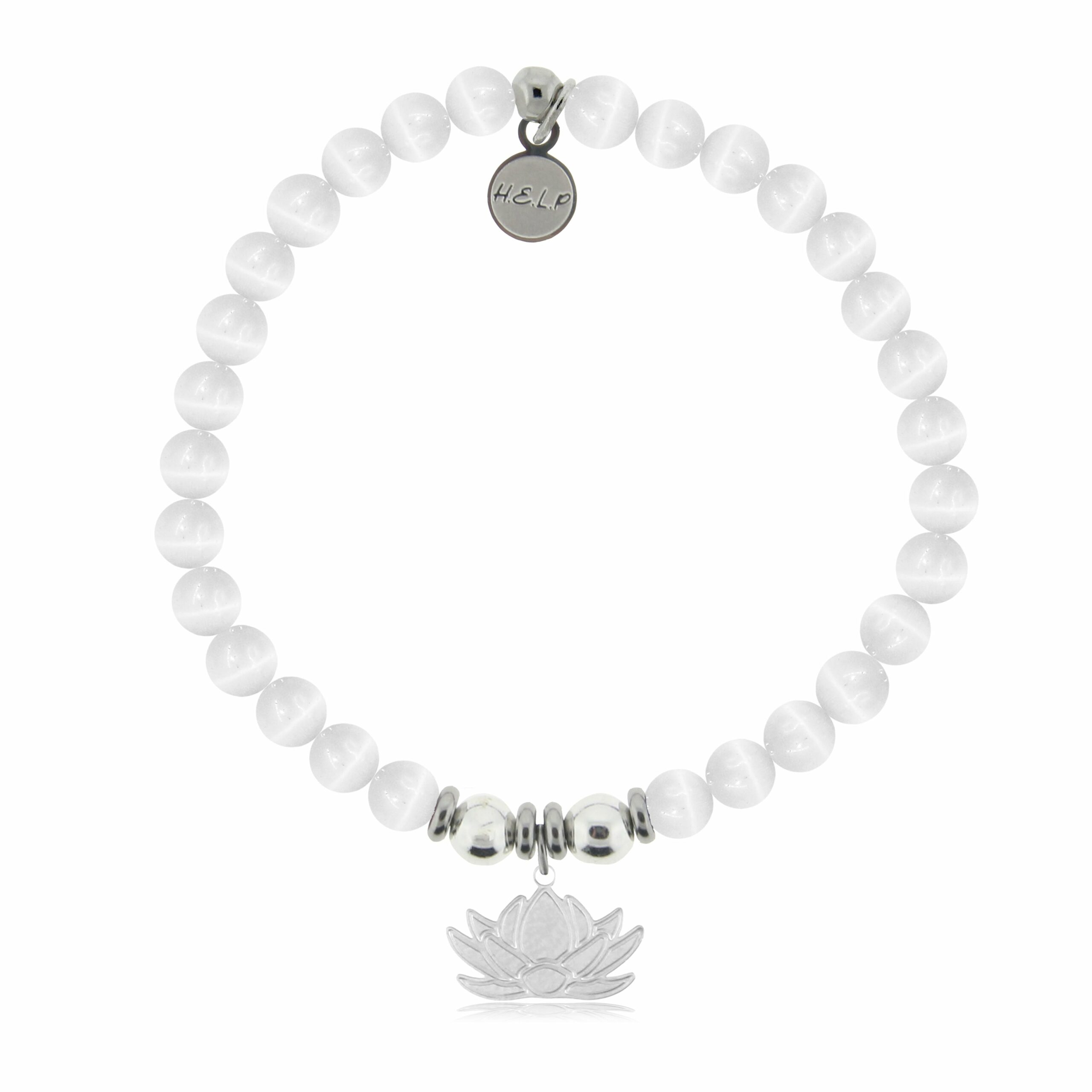 Lotus Charm with White Cats Eye Charity Bracelet