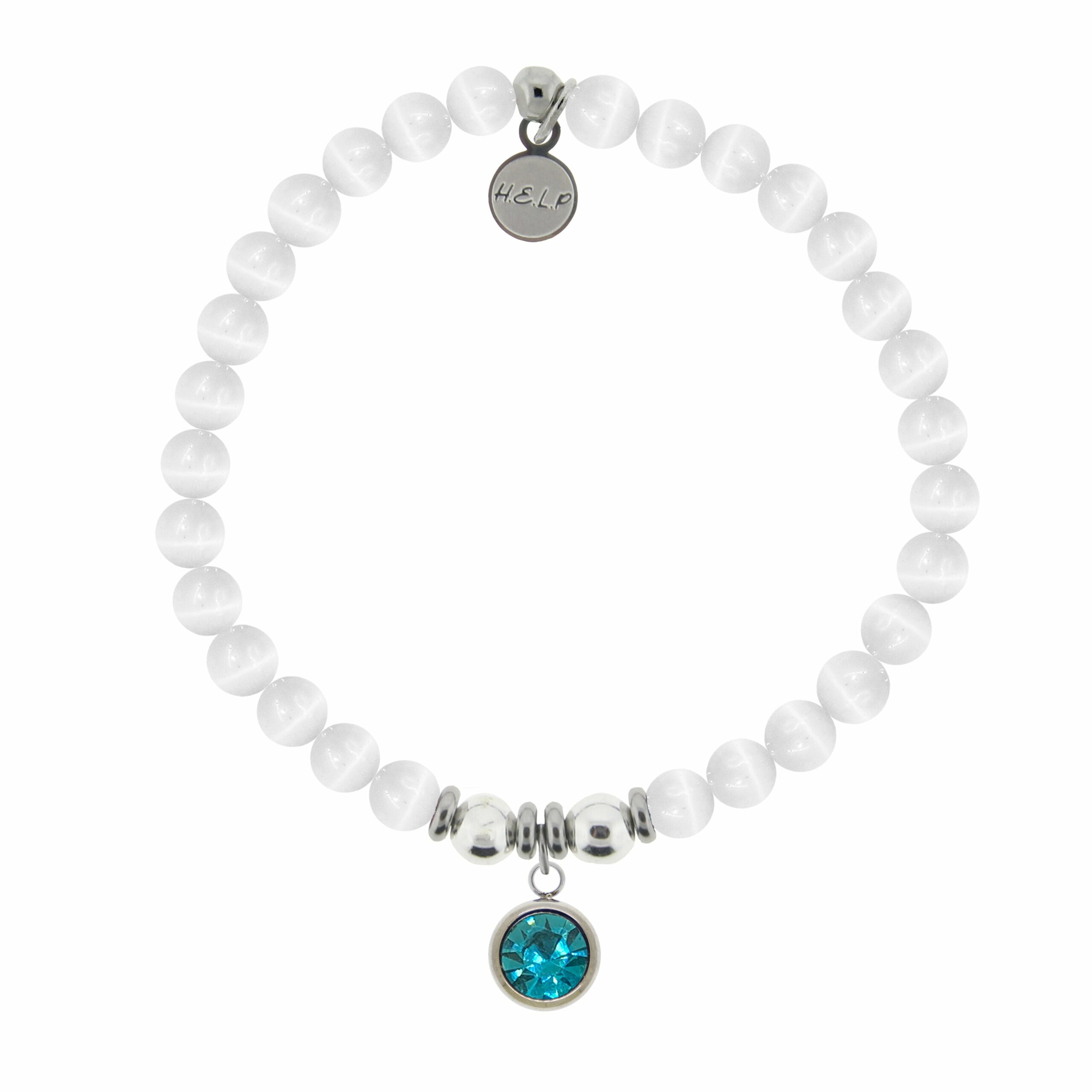 Birthstone Collection – March Aquamarine Crystal Charm with White Cats Eye Charity Bracelet