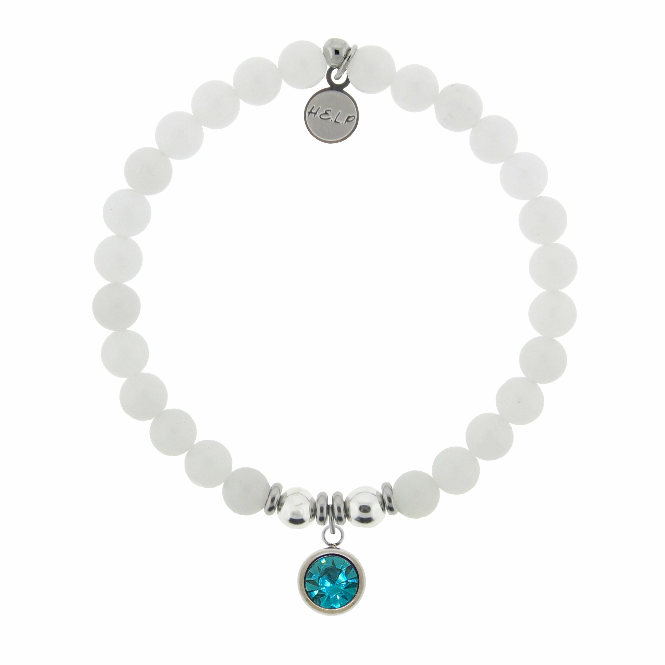 Birthstone Collection – March Aquamarine Crystal Charm with White Jade Charity Bracelet