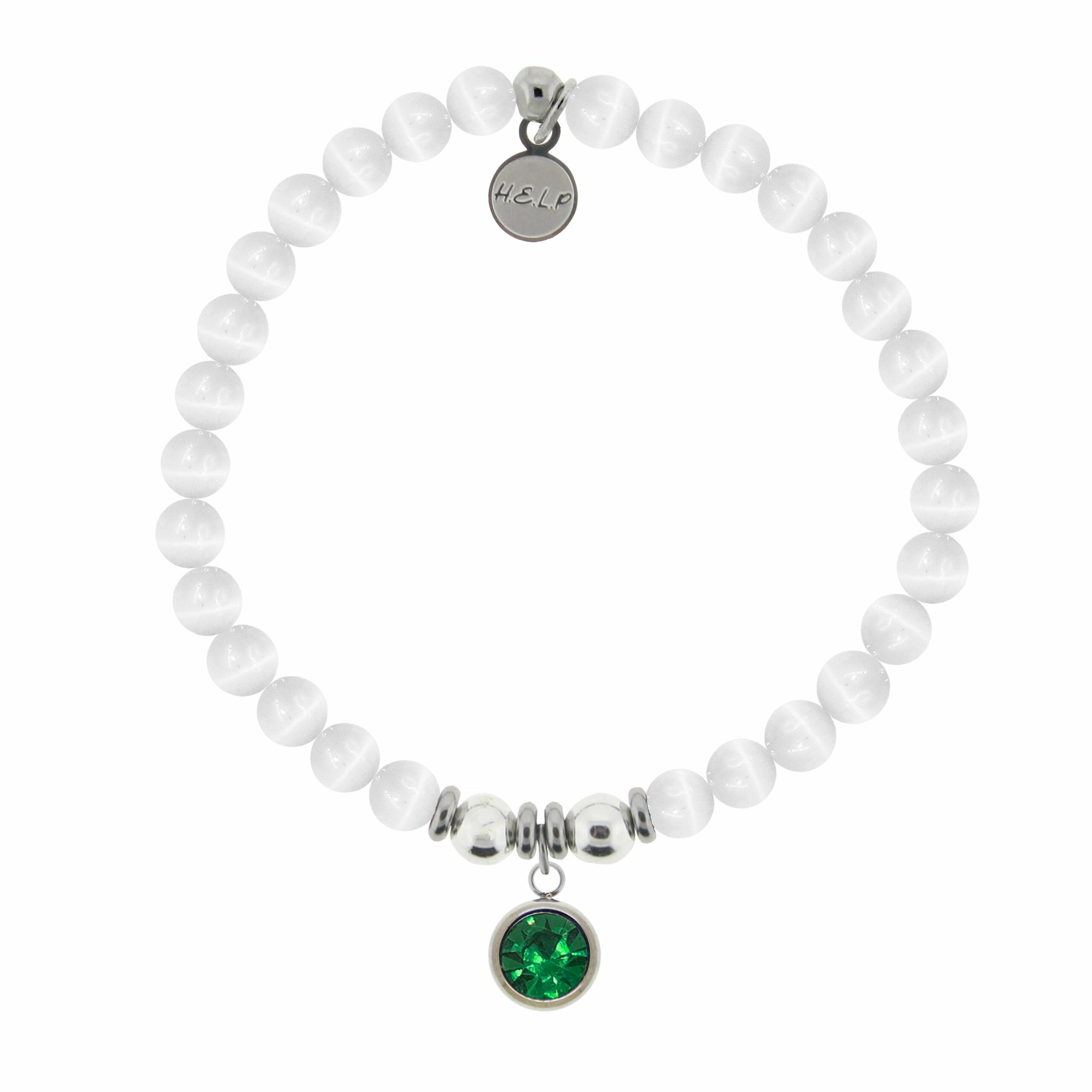 Birthstone Collection – May Emerald Crystal Charm with White Cats Eye Charity Bracelet