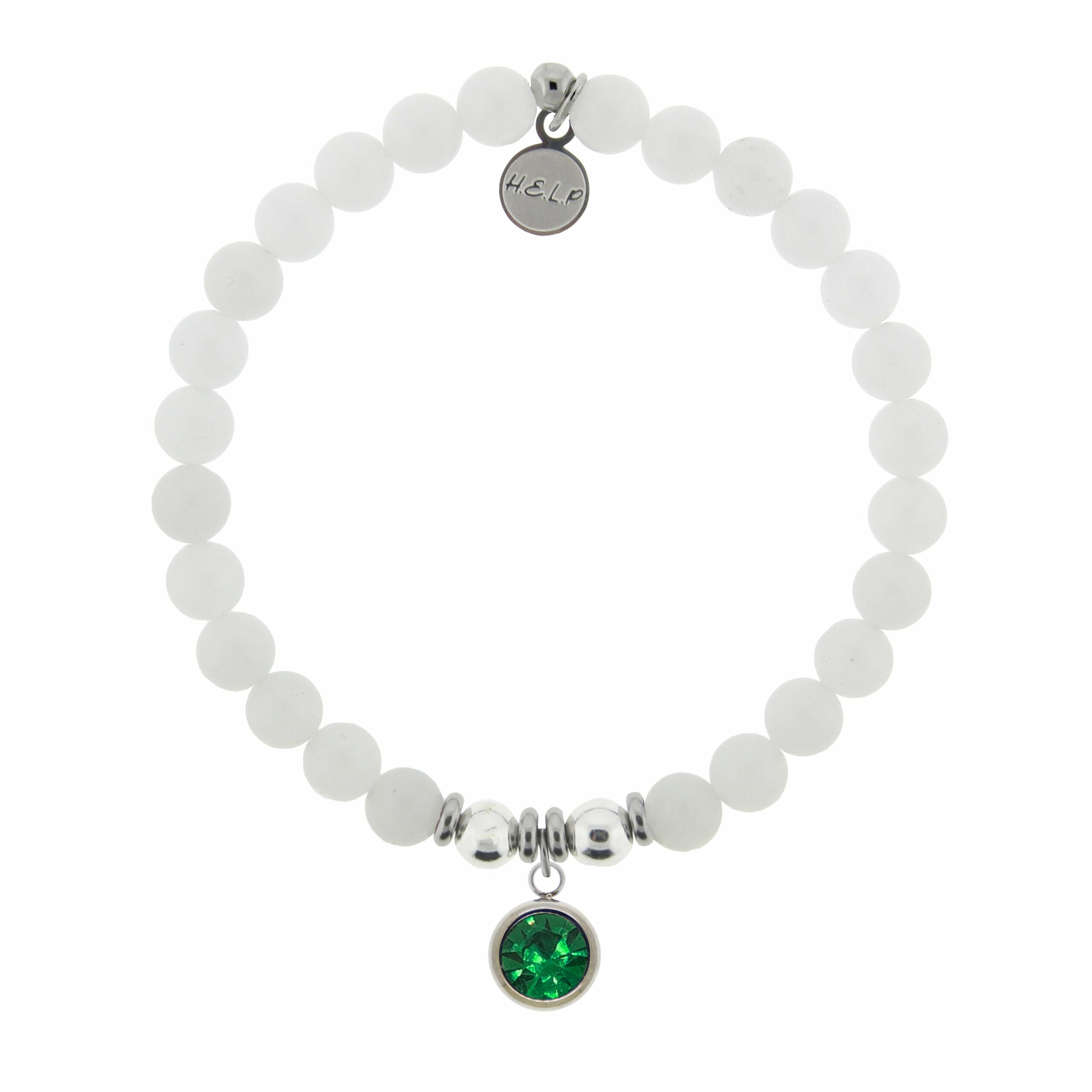 Birthstone Collection – May Emerald Crystal Charm with White Jade Charity Bracelet