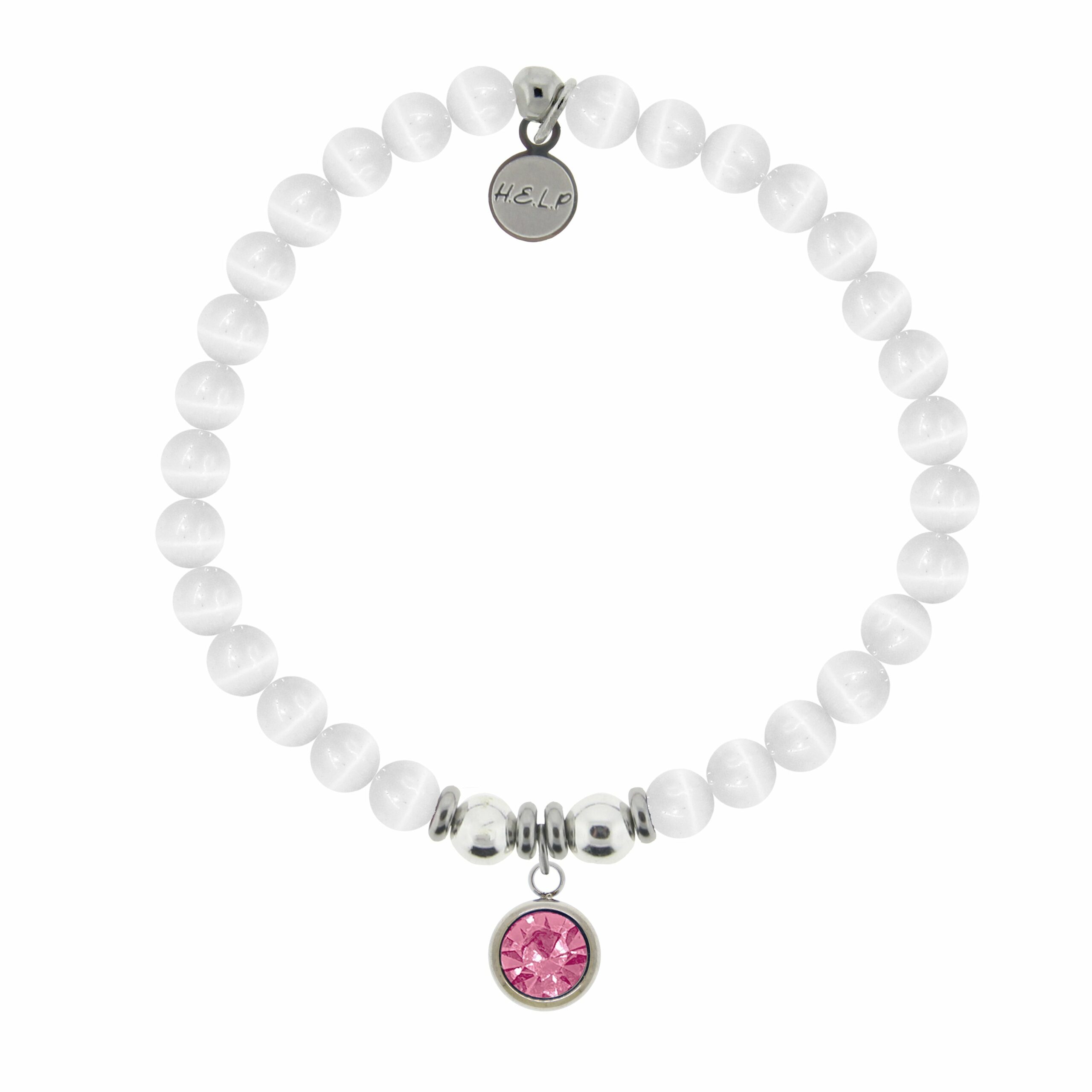 Birthstone Collection – October Tourmaline Crystal Charm with White Cats Eye Charity Bracelet