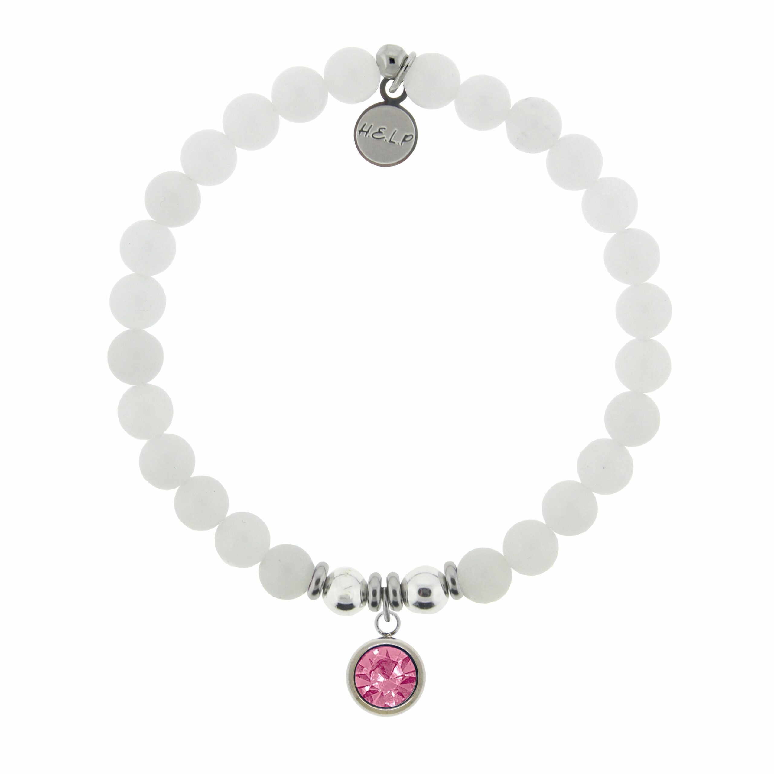 Birthstone Collection – October Tourmaline Crystal Charm with White Jade Charity Bracelet