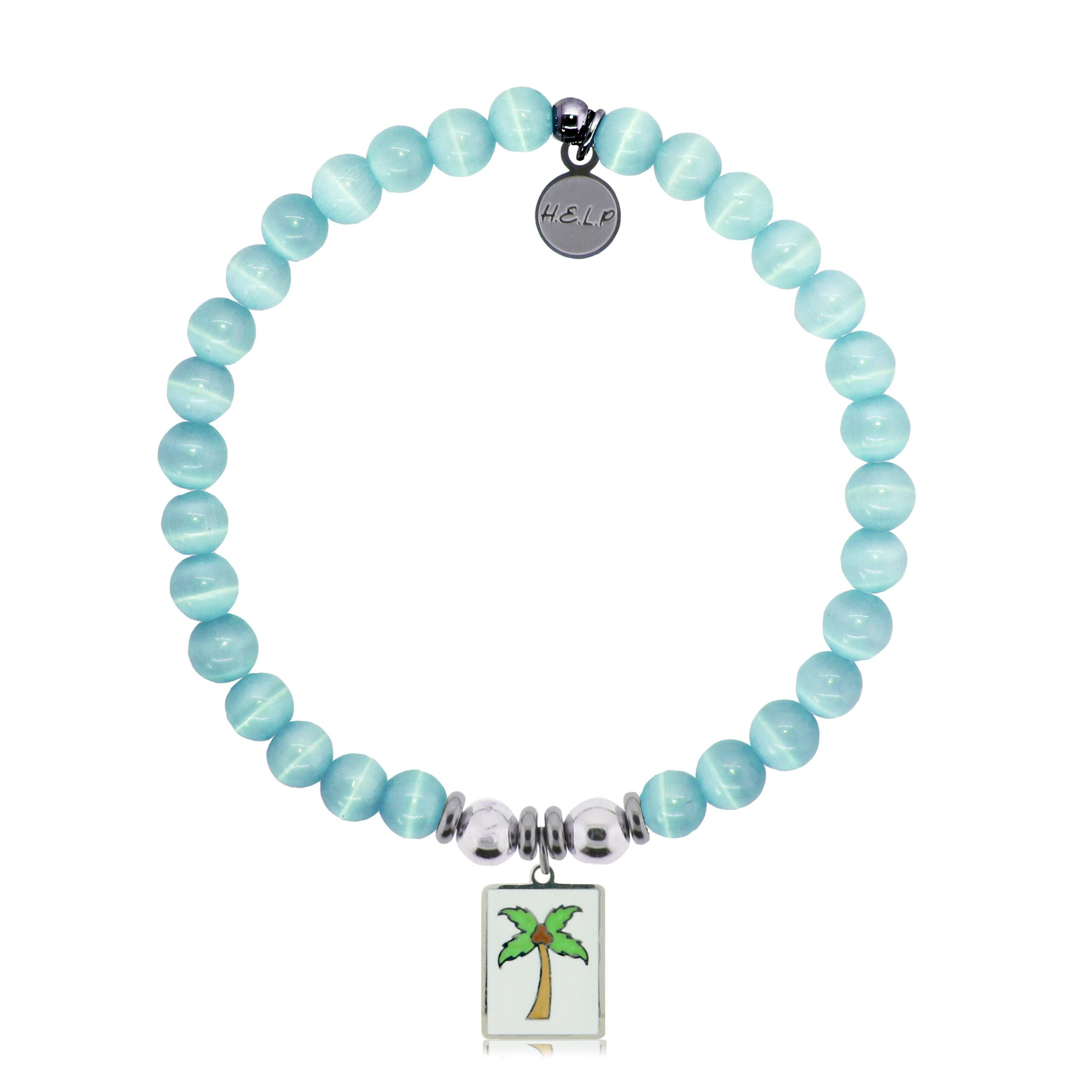 Palm Tree Enamel Charm with Aqua Cats Eye Charity Bracelet