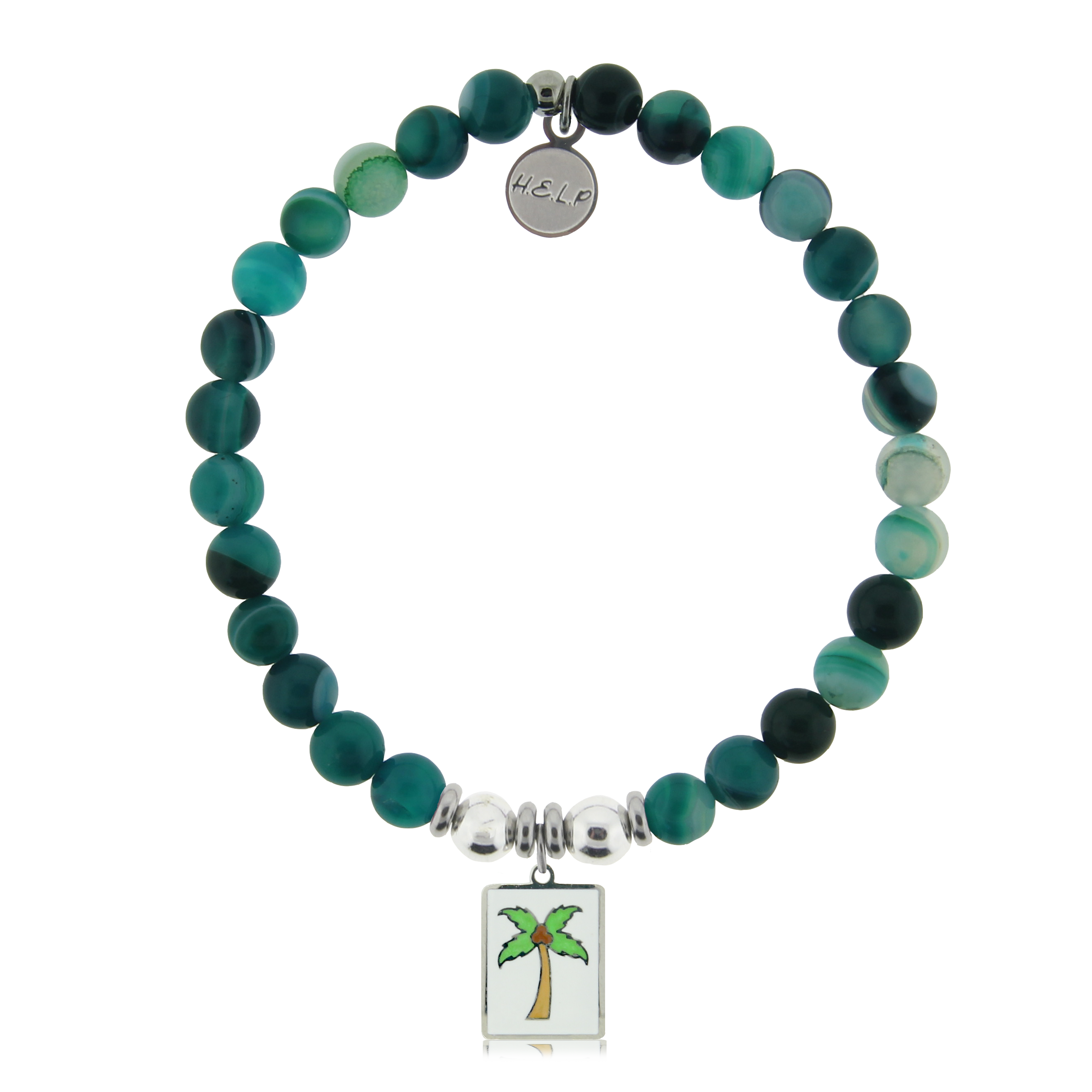 Palm Tree Enamel Charm with Green Stripe Agate Charity Bracelet