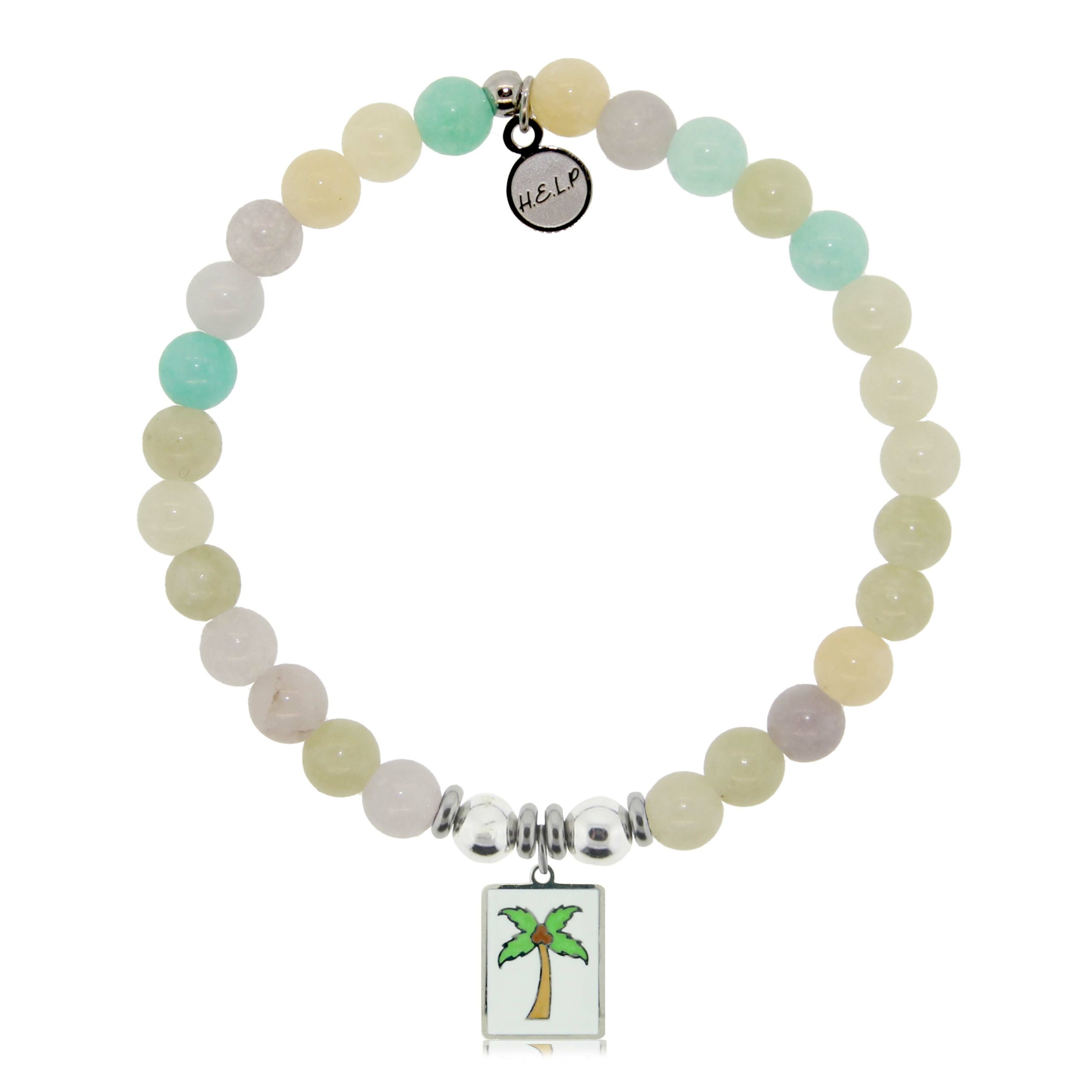 Palm Tree Enamel Charm with Green Yellow Jade Charity Bracelet