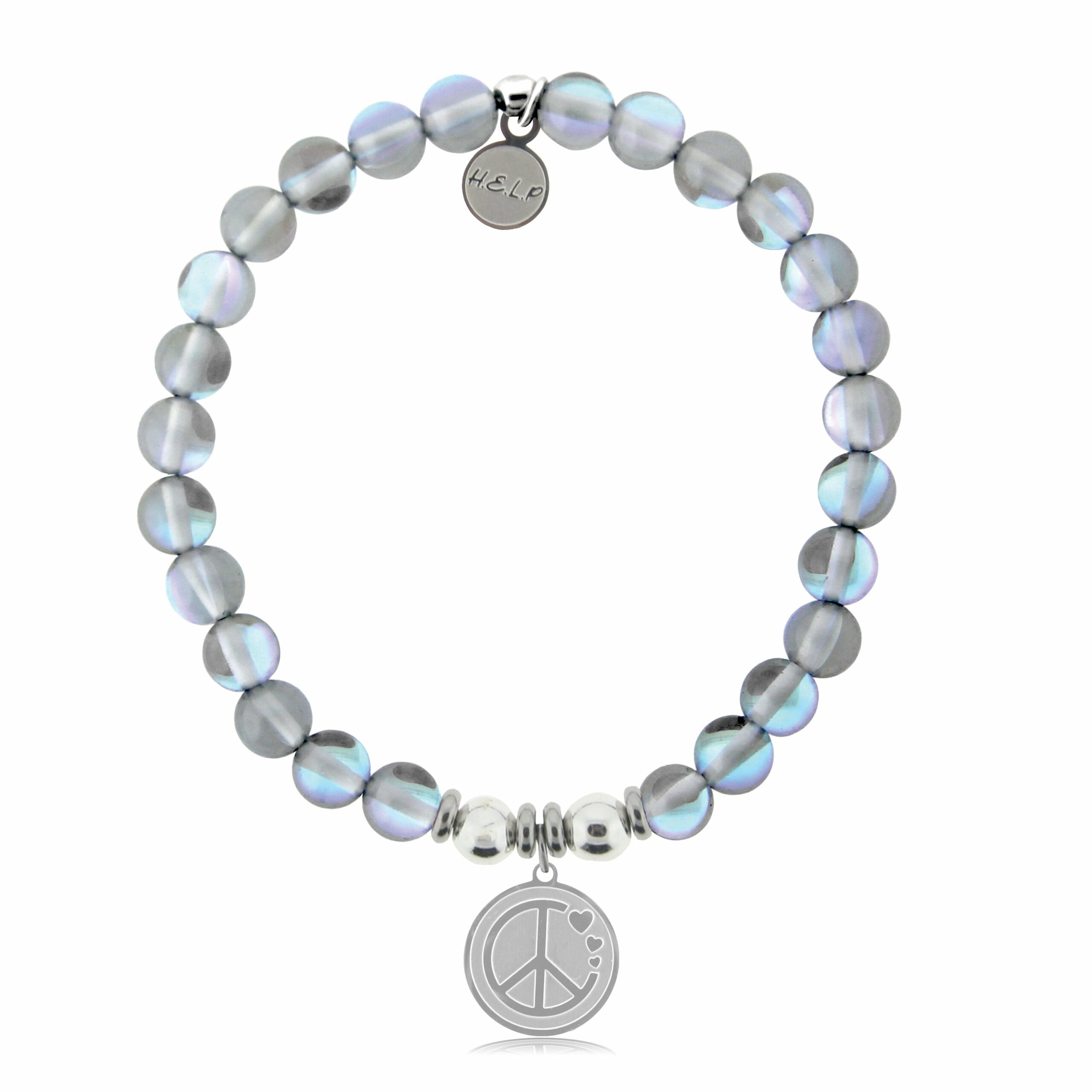 Peace & Love Charm with Grey Opalescent Beads Charity Bracelet