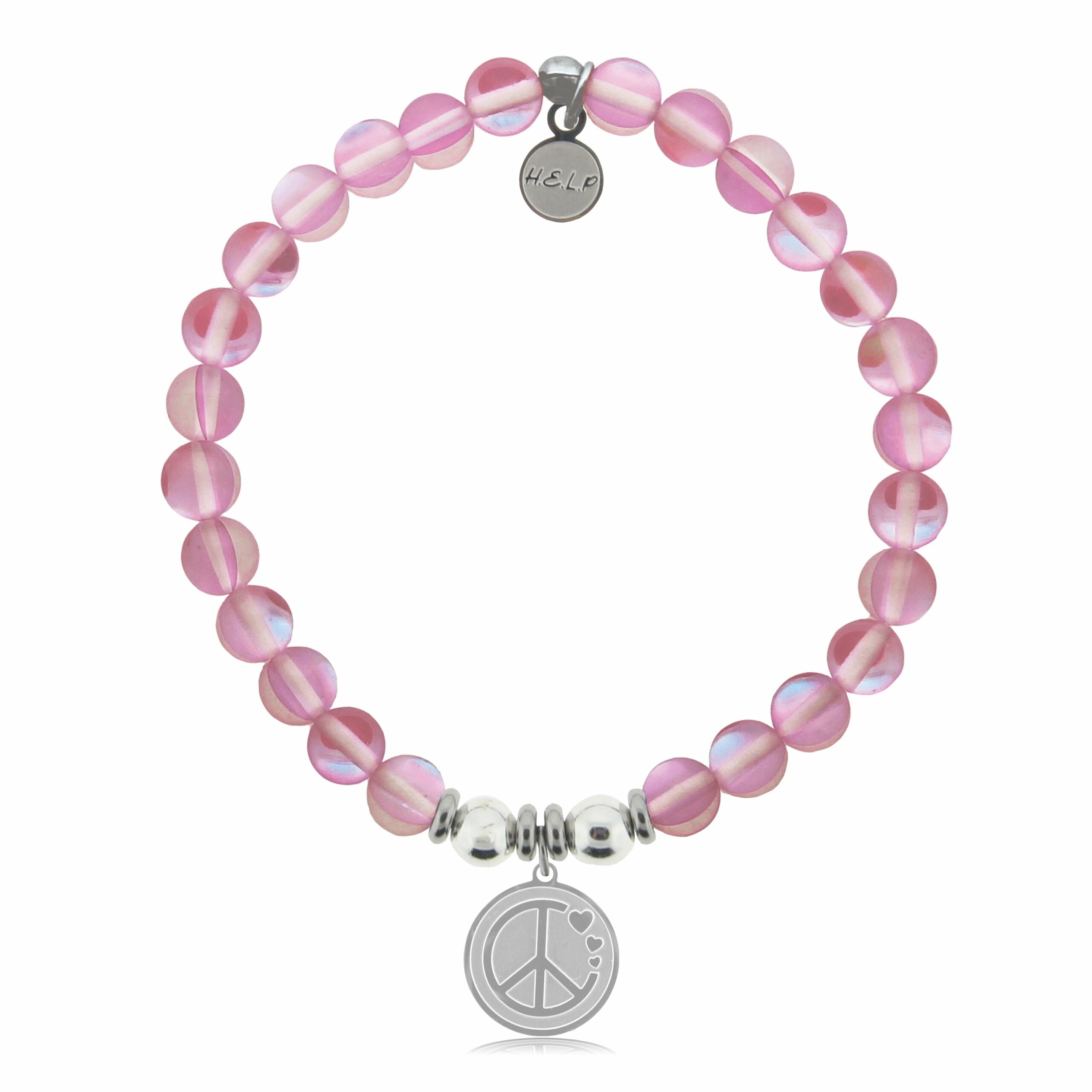 Peace & Love Charm with Pink Opalescent Beads Charity Bracelet