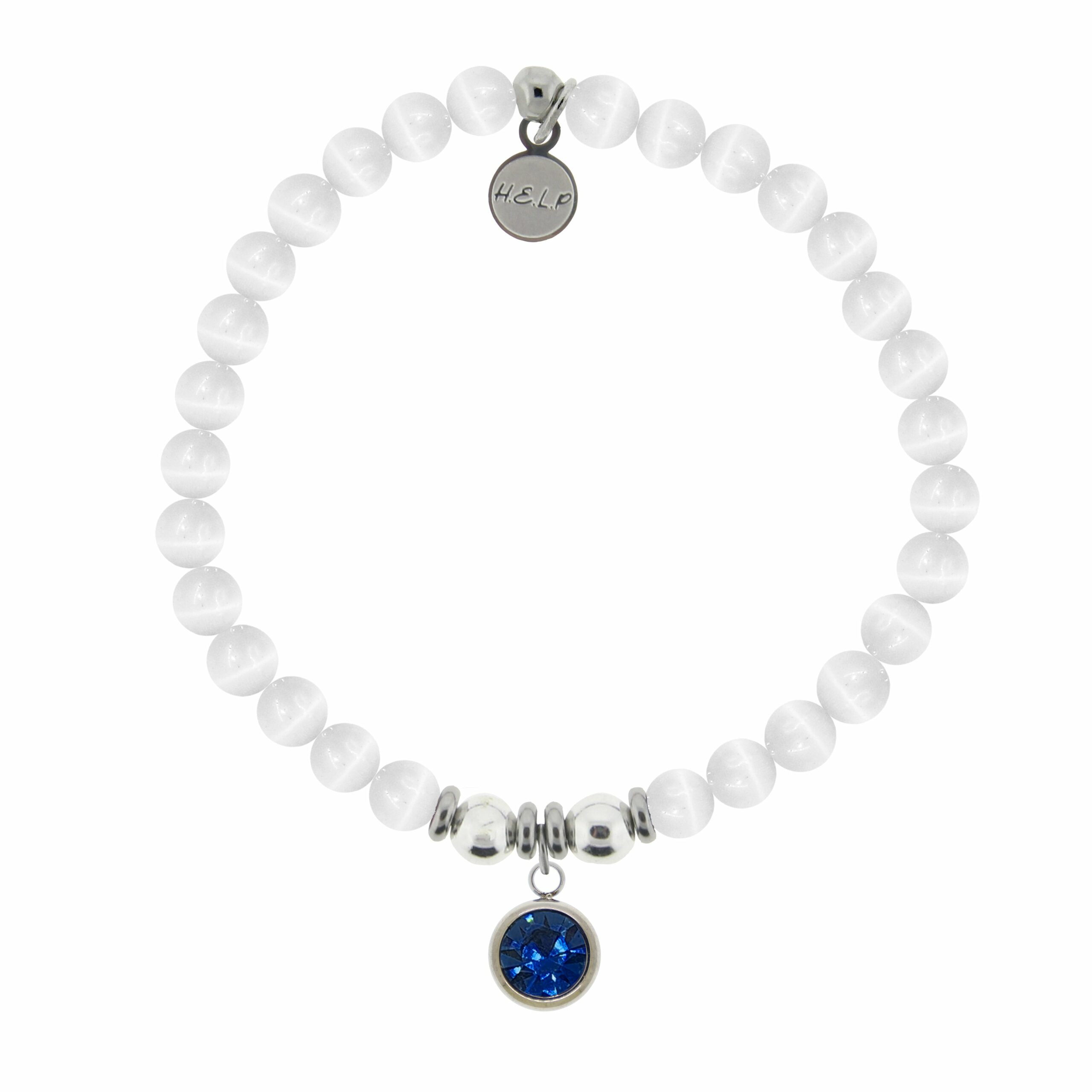 Birthstone Collection – September Sapphire Crystal Charm with White Cats Eye Charity Bracelet